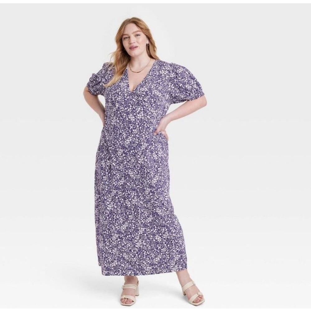 A New Day XXL Blue White Floral Midi Dress Puff Sleeve Crepe Boho Cottagecore Nw